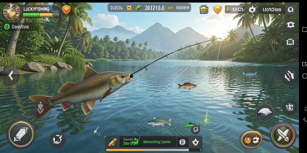 Screenshot LUCKYFISHING menampilkan pemain menangkap ikan di danau yang tenang.