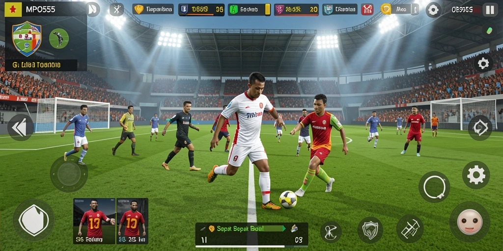 Tampilan gameplay seru di lapangan sepak bola dalam MPO555.